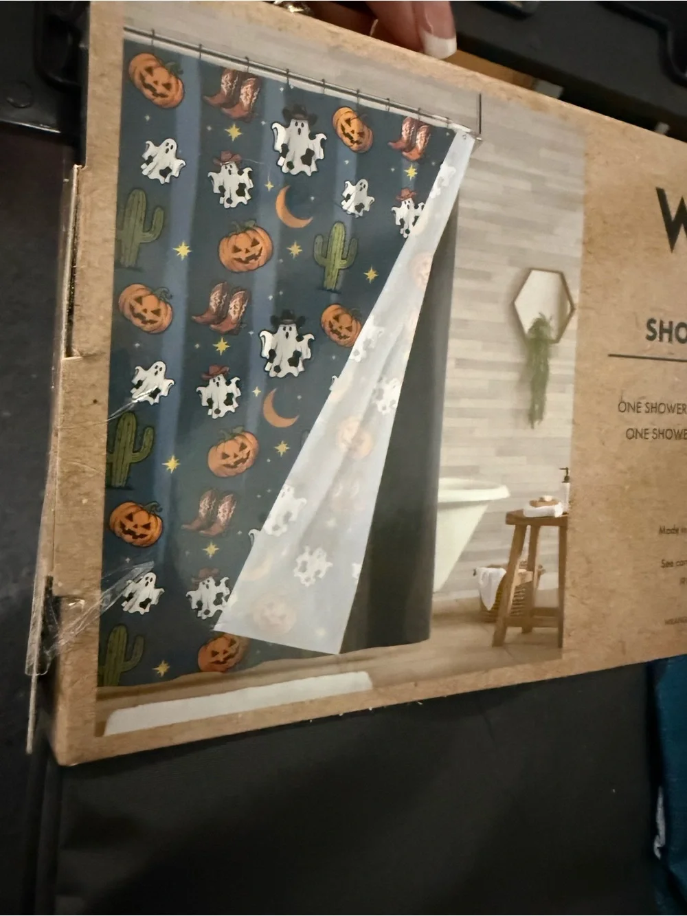 NEW Wrangler BLUE Fabric HALLOWEEN GHOST PUMPKIN CACTUS BOOT Shower Curtain Set